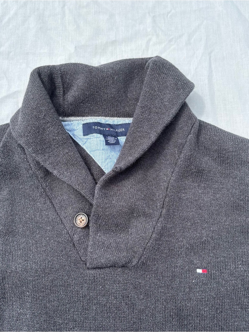 Tommy Hilfiger Men's Dark Gray Collard Button Placket Knit Sweater with Logo